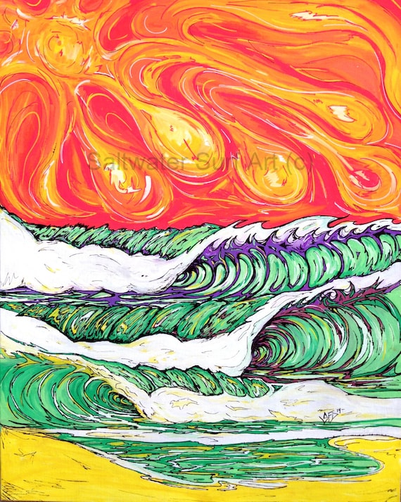 Surf Art, The Green Zone, 16x20 Original Surf Art painting on Canvas Board by Sheila Faye