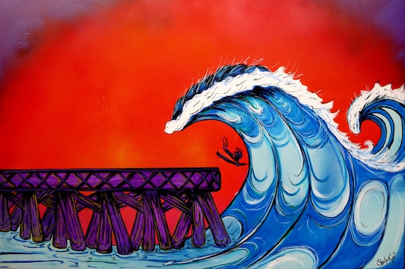 Surf Art 18x24, Shooting the Pier, Giclee Canvas Print