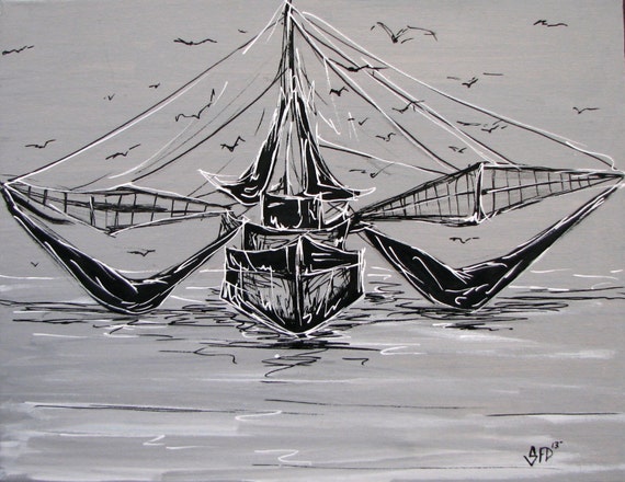 Shrimp Boat Black and White , 11 x 14 print on fine art paper