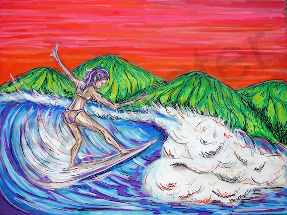 Costa Rica Surfer Girl Original Painting Surf Art 18x24 giclee print on canvas