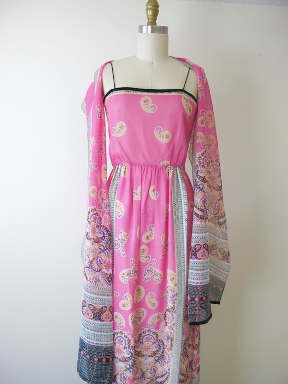 1970s Dominic Rompollo Pink Border Print Dress