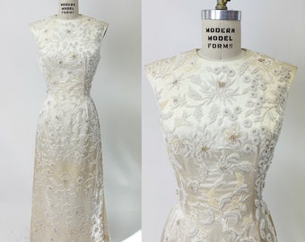 1950s White Silk Beaded Evening Dress Hong Kong