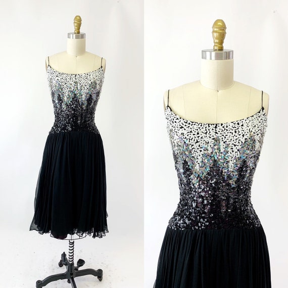 1950s Sequin Silk Chiffon Party Dress - image 1