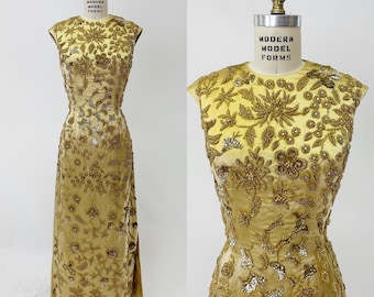 1950s Gold Silk Beaded Evening Dress Hong Kong