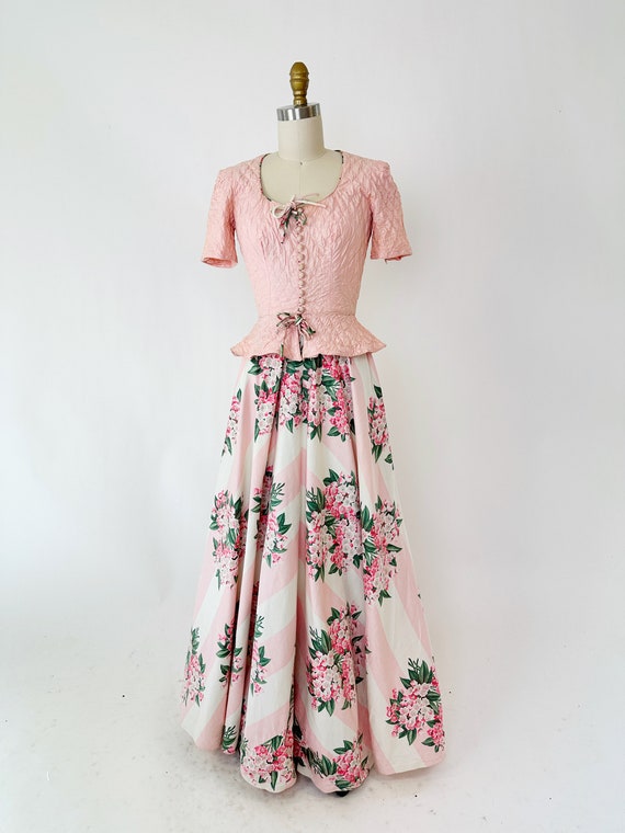 1940s Pink Stripe Cotton Floral Dress - image 3