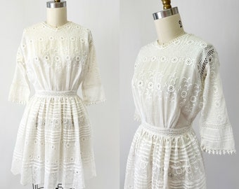 1900s White Cotton Embroidered Lace Dress