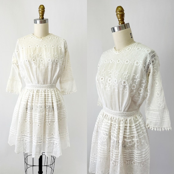 1900s White Cotton Embroidered Lace Dress - image 1