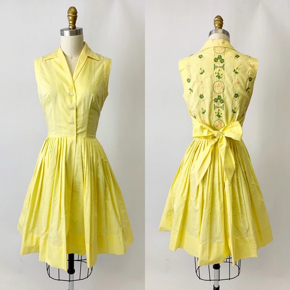 1950s Yellow Embroidered Shirt Dress