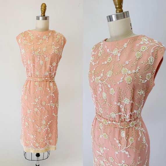 1950s Larry Aldrich Coral Linen Hand Beaded Day Dress