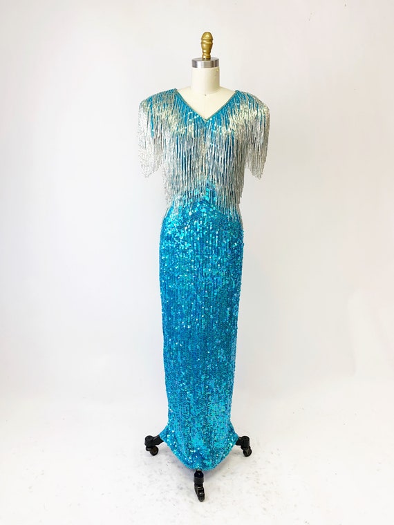 1980s Heavily Beaded Aqua Dream Dress by Landa - image 3