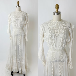 1900s Fine White Cotton and Lace Lawn Dress