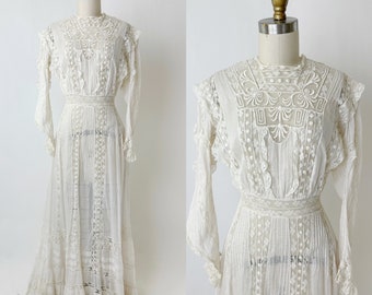 1900s Fine White Cotton and Lace Lawn Dress