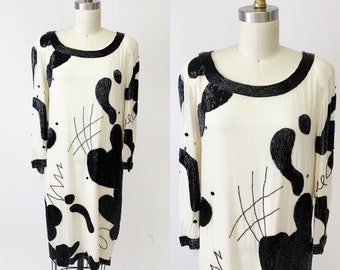 1980s Black and White Beaded Silk Chiffon Dress