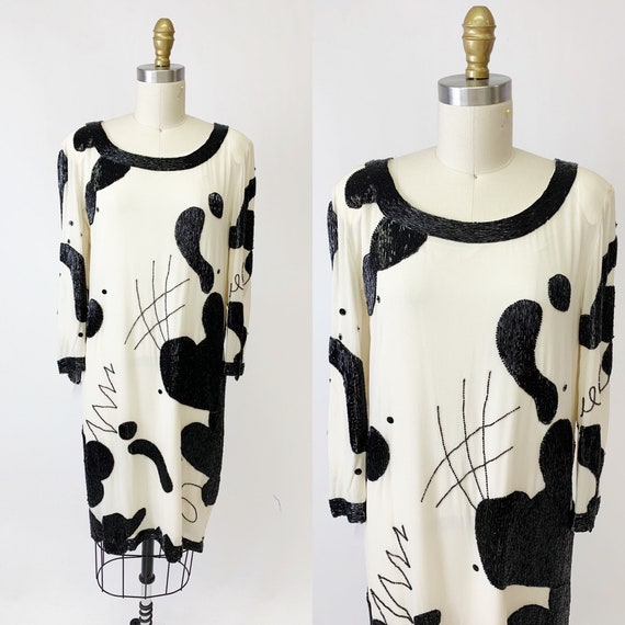1980s Black and White Beaded Silk Chiffon Dress