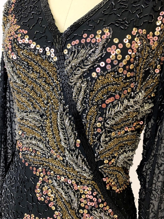 1980s Black Beaded Silk Cocktail Dress - image 6