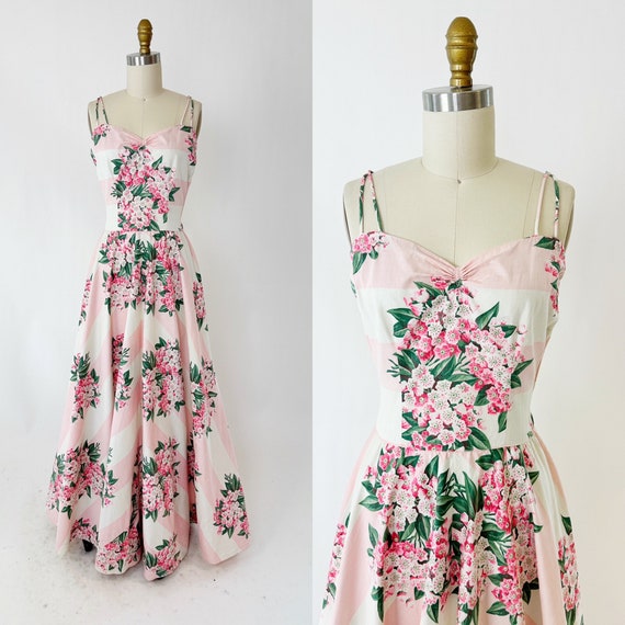 1940s Pink Stripe Cotton Floral Dress - image 1