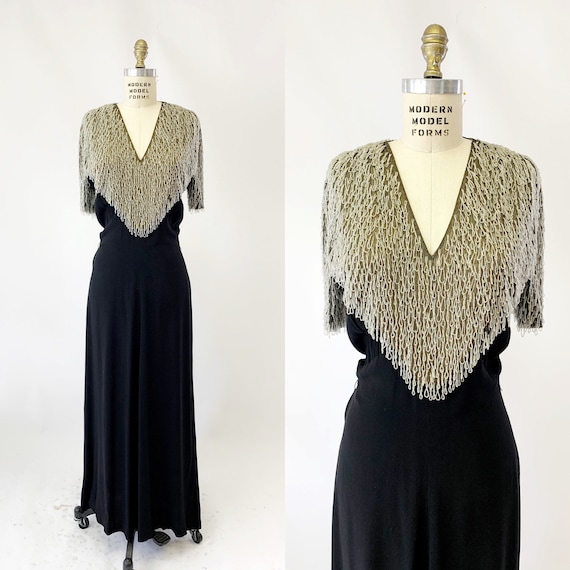 1930s Beaded Crepe Bias Cut Evening Gown