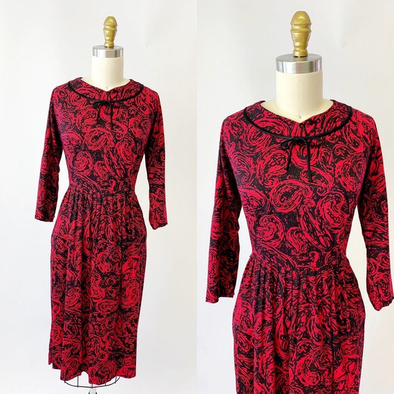 1950s Red and Black Abstract Print Dress - image 1