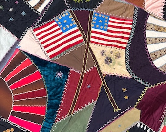 1880s Crazy Quilt American Flags Silk and Velvet 1886