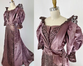 1880s Purple Duchess Satin Silk Hand Beaded Dress