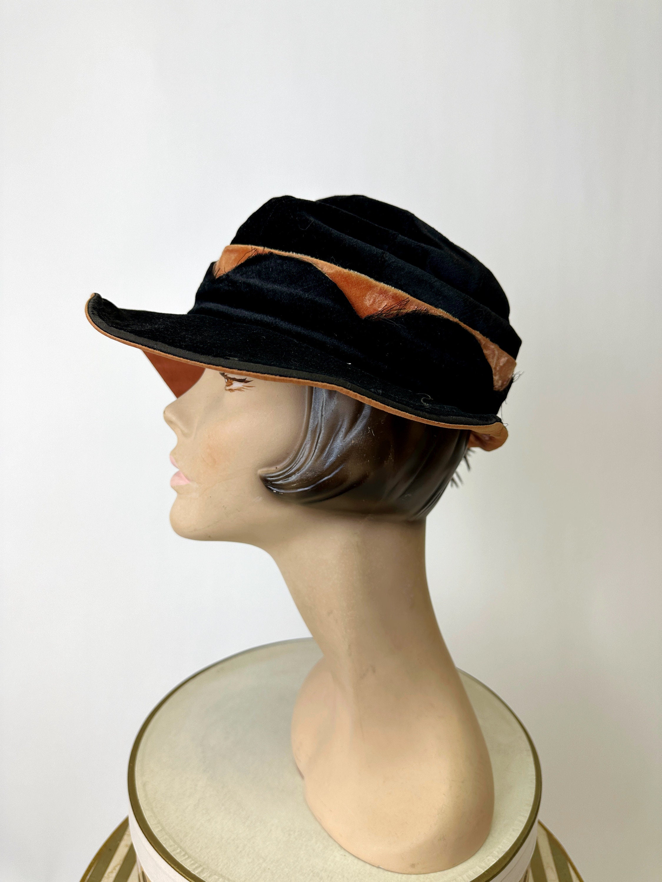 1920s Pink and Black Silk Velvet Feather Hat - Etsy