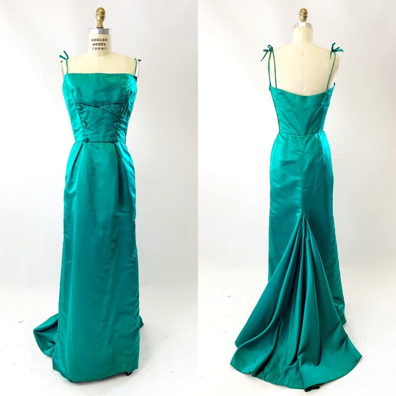 1950s Emerald Silk Oleg Cassini Evening Gown