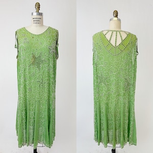 1920s Green Silk Chiffon Beaded Flapper Dress AS IS