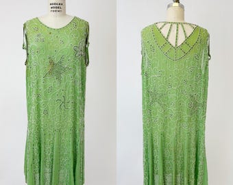 1920s Green Silk Chiffon Beaded Flapper Dress AS IS