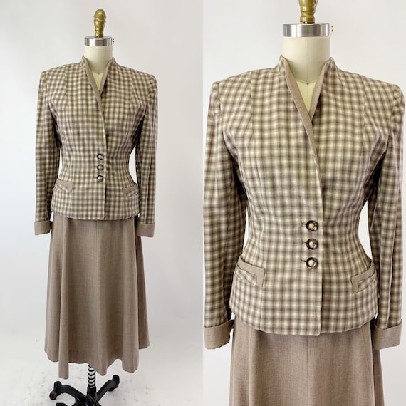 1940s Wool Plaid Fitted Suit with Shawl