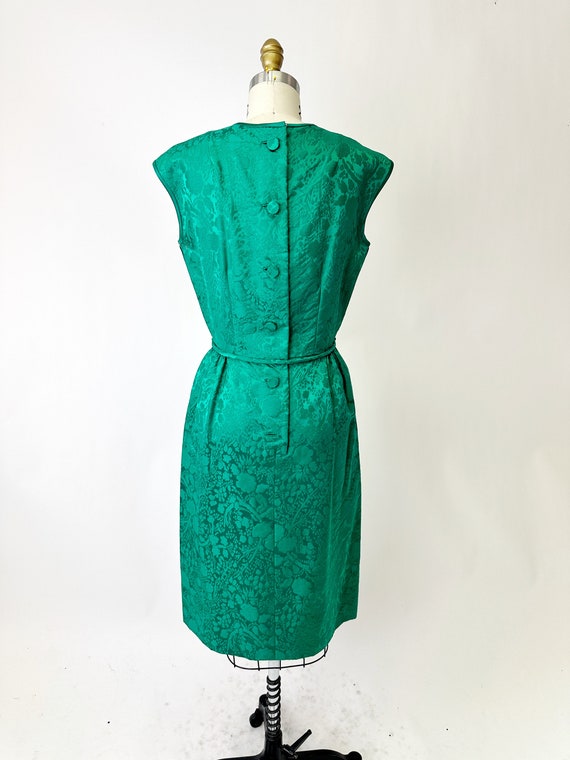 1960s Richiline Emerald Green Silk Dress w Pouf Sleeves & Rhinestone Detail