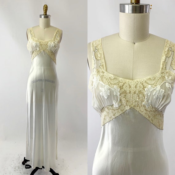 1930s White Bias Cut Satin Night Gown
