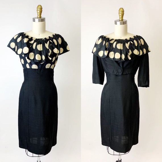 1950s Silk Polka Dot Cocktail Dress - image 1