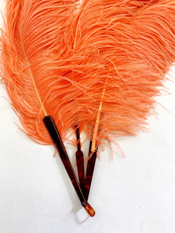 1930s Coral Pink Large Ostrich Feather Fan - image 2