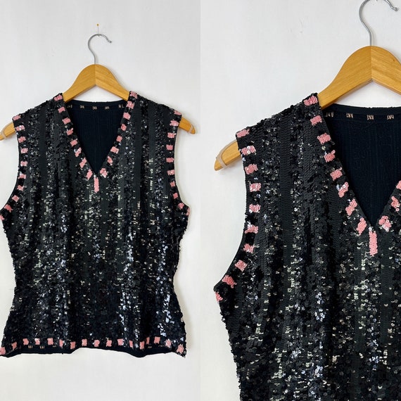 Vintage 1930s Black and Pink Sequin Top - image 1