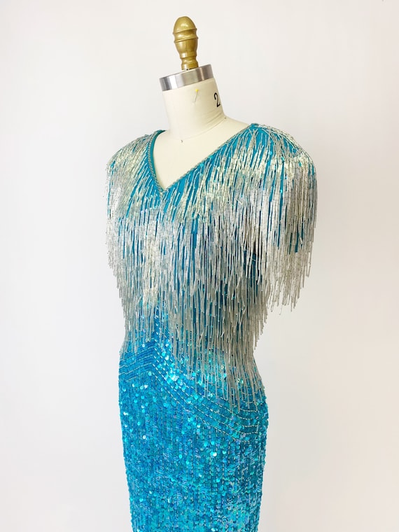 1980s Heavily Beaded Aqua Dream Dress by Landa - image 2