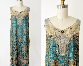 1920s Gold Lame Blue Green Beaded Lace Dress