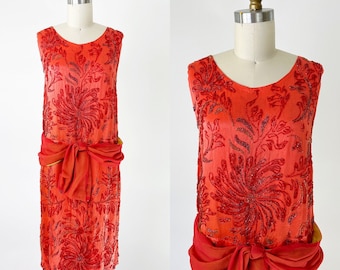 1920s Orange Beaded Flapper Dress