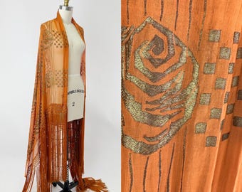 1920s Orange and Gold Lame Silk Chiffon Shawl