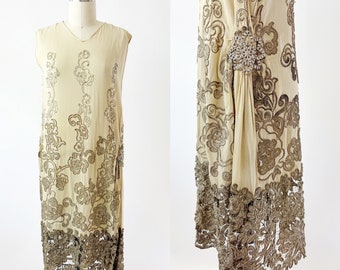 1920s Silver Lace and Rhinestone Flapper Dress