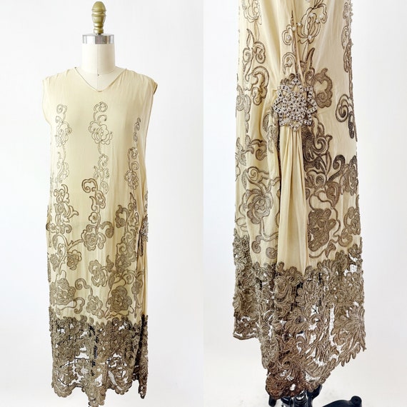 1920s Silver Lace and Rhinestone Flapper Dress - image 1