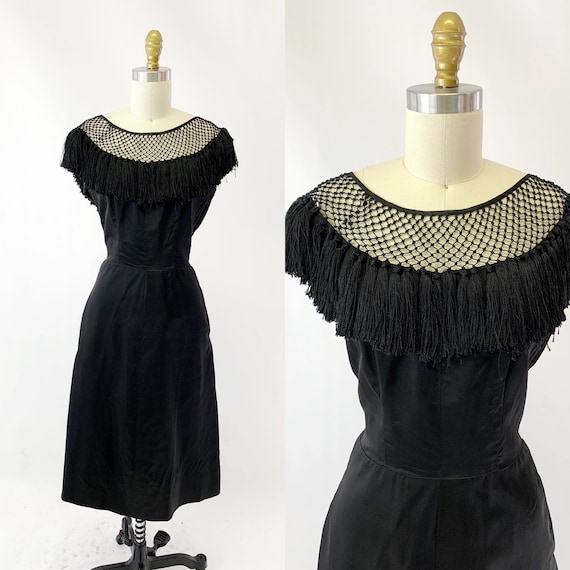 1950s Crochet Top Black Silk Cocktail Dress