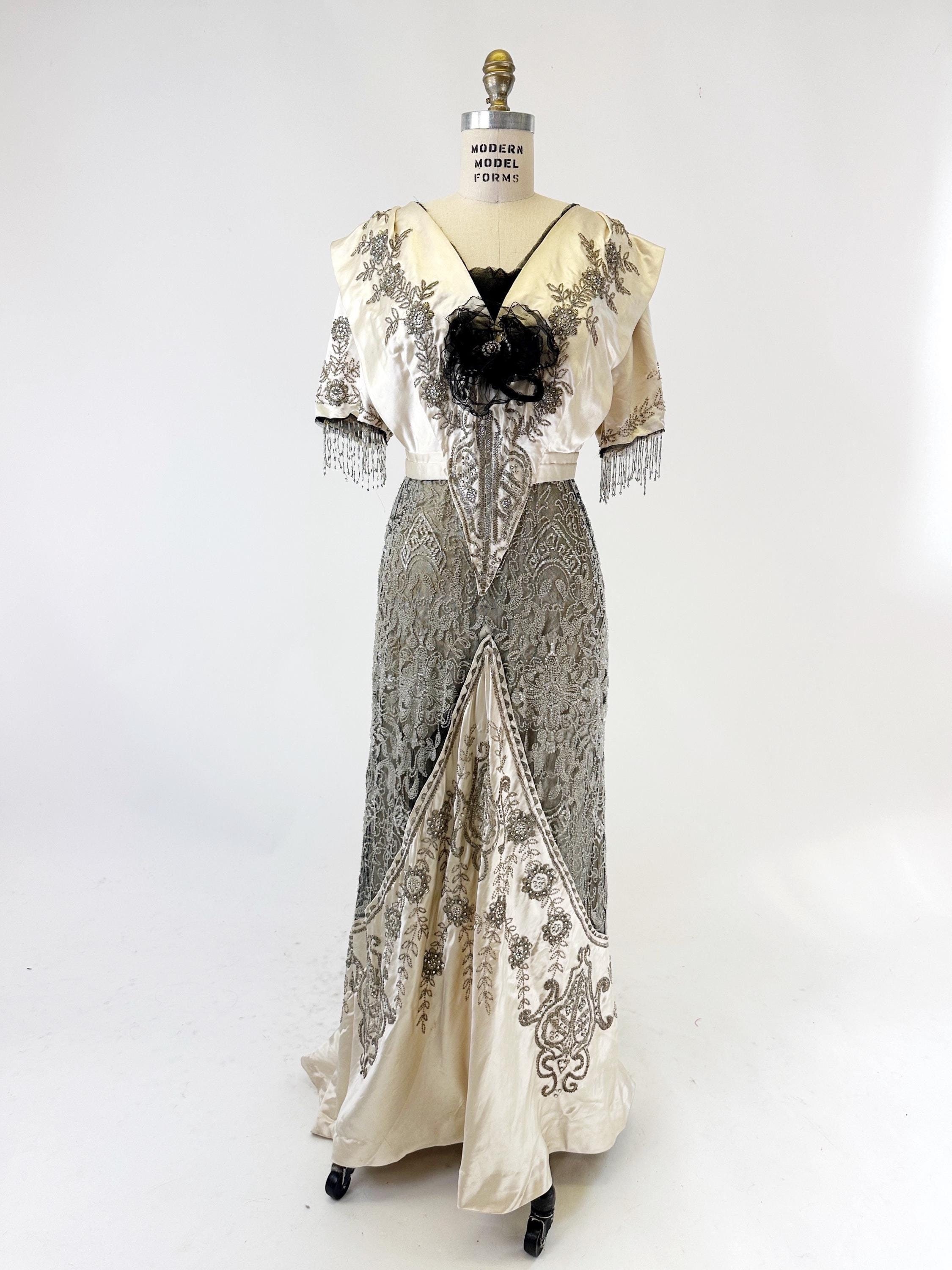 1910s Titanic Era Silk Beaded Evening Gown by Brooks