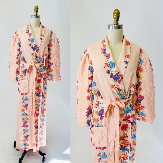 1950s Pink Rose Robe with Quilted Sleeves
