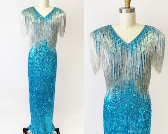 1980s Heavily Beaded Aqua Dream Dress by Landa