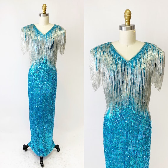 1980s Heavily Beaded Aqua Dream Dress by Landa - image 1