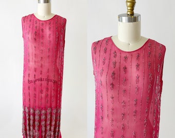 1920s Raspberry Silk Chiffon Beaded Flapper Dress