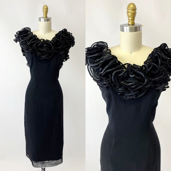 1960s Black Sequin Ruffle Party Dress