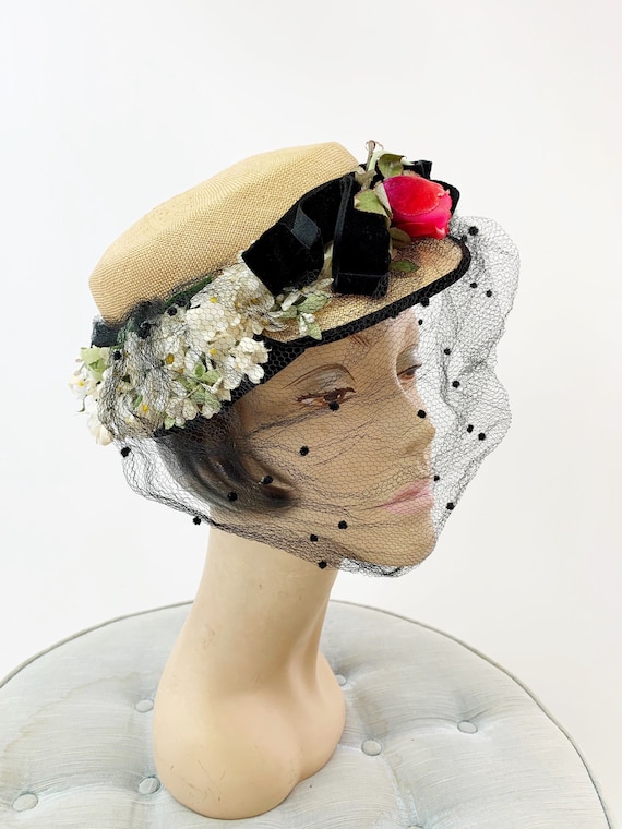 1950s Natural Straw Floral Hat with Netting