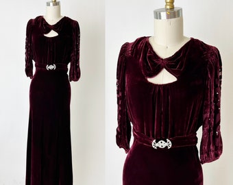 1930s Burgundy Silk Velvet Rhinestone Bias Cut Evening Dress