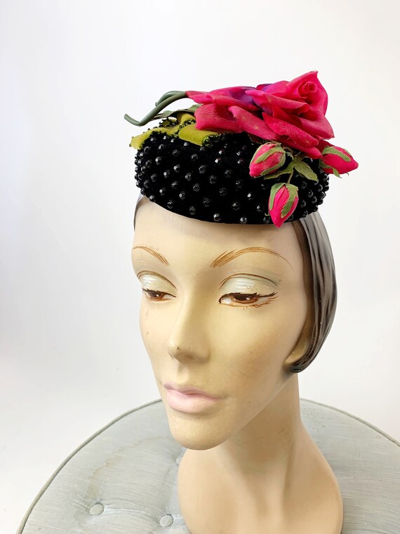 1950s Black Velvet Studded Rose Fascinator